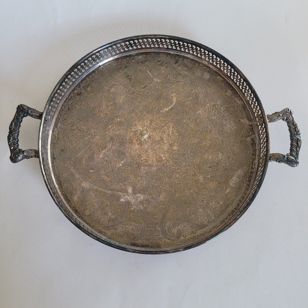 Vintage Silver Tone Plate Tray 11" Chased Style Ornate Handles